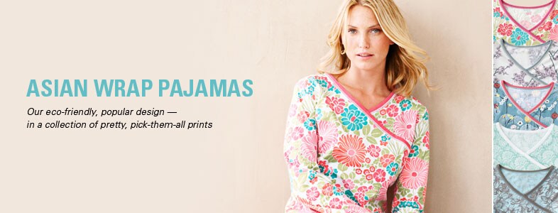 Garnet Hill Women's Sleepwear. Asian Wrap Women's Sleepwear in Eco-Friendly Green Cotton.