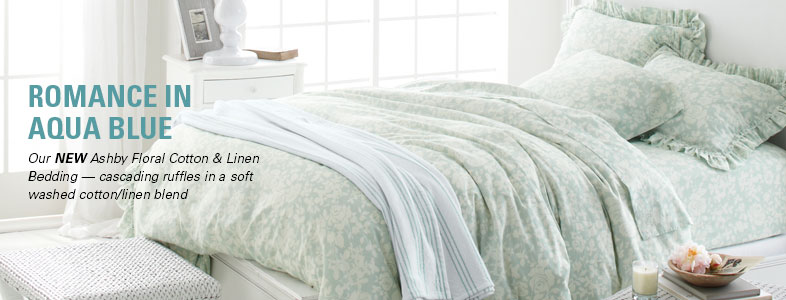 Garnet Hill Patterned Sheets and Printed Sheets. Ashby Floral Cotton and Linen Patterned Sheets - A Soft Washed Cotton/Linen Blend in Aqua Blue with Cascading Ruffles.