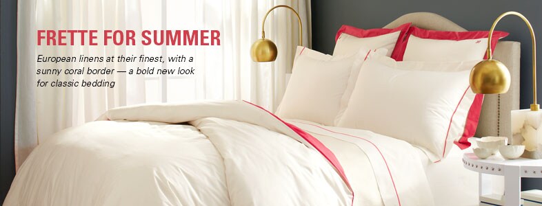 Frette Linens and Frette Sheets at Garnet Hill. Summer Frette Linens with a Sunny Coral Border.