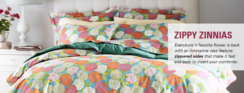 Garnet Hill Sateen Duvet Covers and Sateen Comforter Covers. Zinnia Sateen Comforter Covers - New Zippered Sides to Easily Insert Your Comforter.