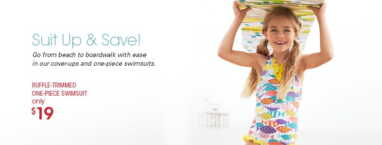 Garnet Hill Girls' Swimwear Sale. Ruffle-Trimmed One-Piece Girls' Swimsuit, Only $19.