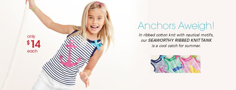 Garnet Hill Clothing for Girls. Nautical Seaworthy Ribbed Knit Tank for Girls, Two or More for Only $18 Each.