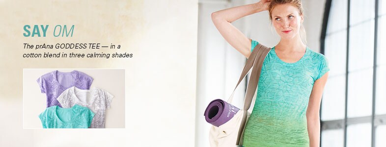 Garnet Hill Yoga Tops and Yoga Tees. The prAna Goddess Yoga Tee in a Cotton Blend in 3 Calming Shades.
