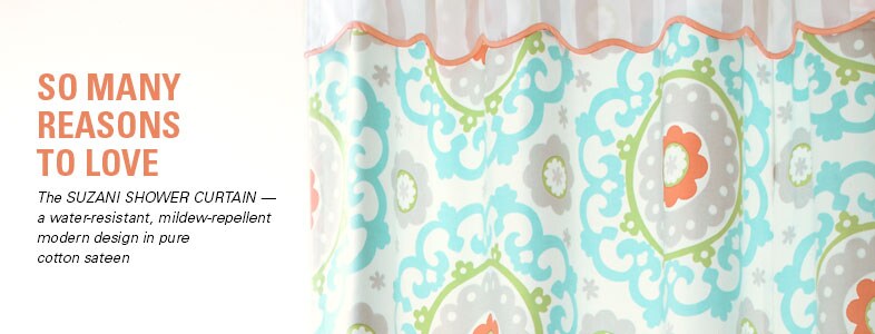 Garnet Hill Shower Curtains. Suzani Shower Curtain - A Water-Resistant, Mildew-Repellent Shower Curtain in Pure Cotton Sateen.