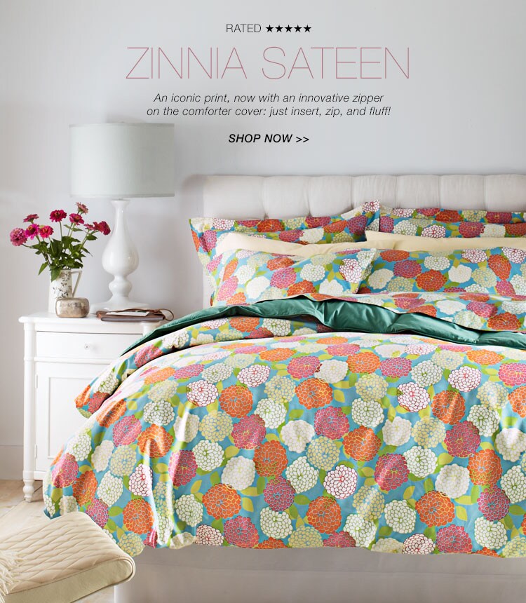 Garnet Hill Women's Clothing and Bedding Catalog. Zinnia Sateen Bedding, Customer-Favorite Iconic Printed Bedding with an Innovative Zipper on the Comforter Cover.
