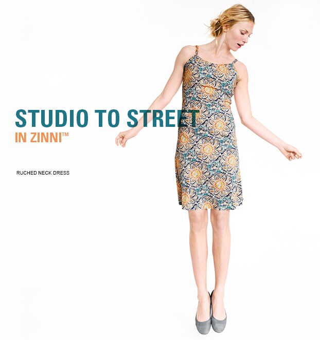 Garnet Hill Women's Yoga Clothing. Studio to Street in zinni Yoga Clothing. Ruched Neck Yoga Dress.