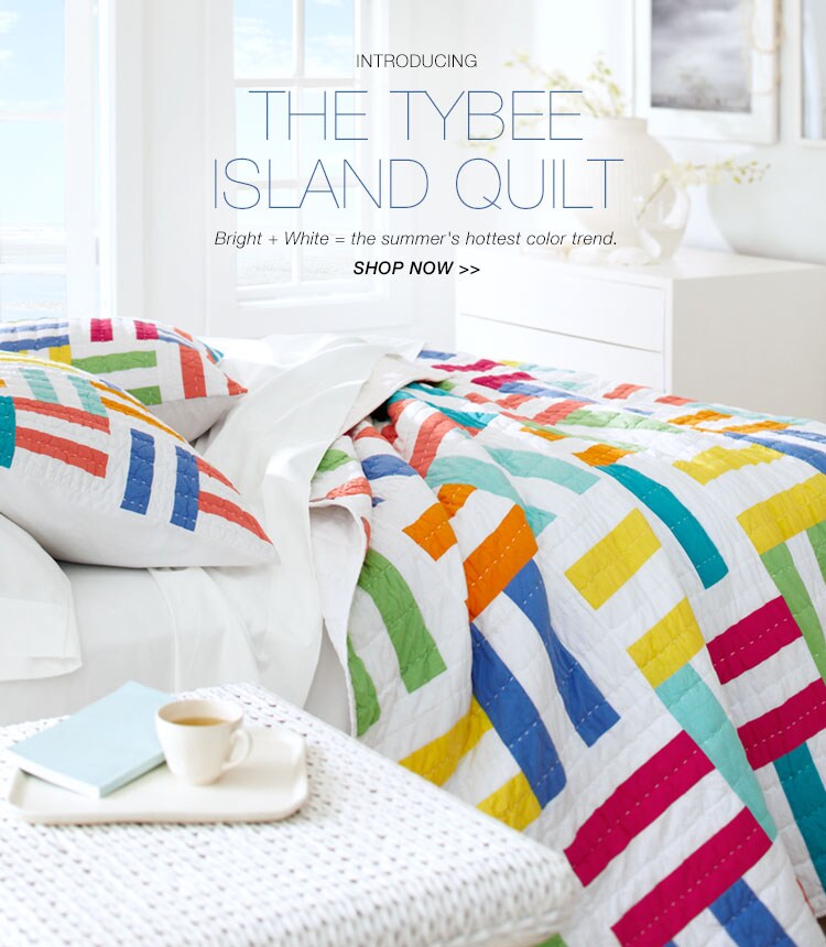 Garnet Hill Women's Clothing and Bedding Catalog. New Tybee Island Quilt - Bright and White Summer Color Trend.