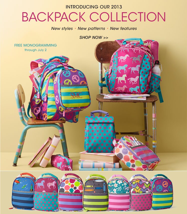Garnet Hill Bedding and Clothing Catalog. 2013 Kids' Backpacks Collection. New Styles, New Patterns and New Features. Free Monogramming through July 2.