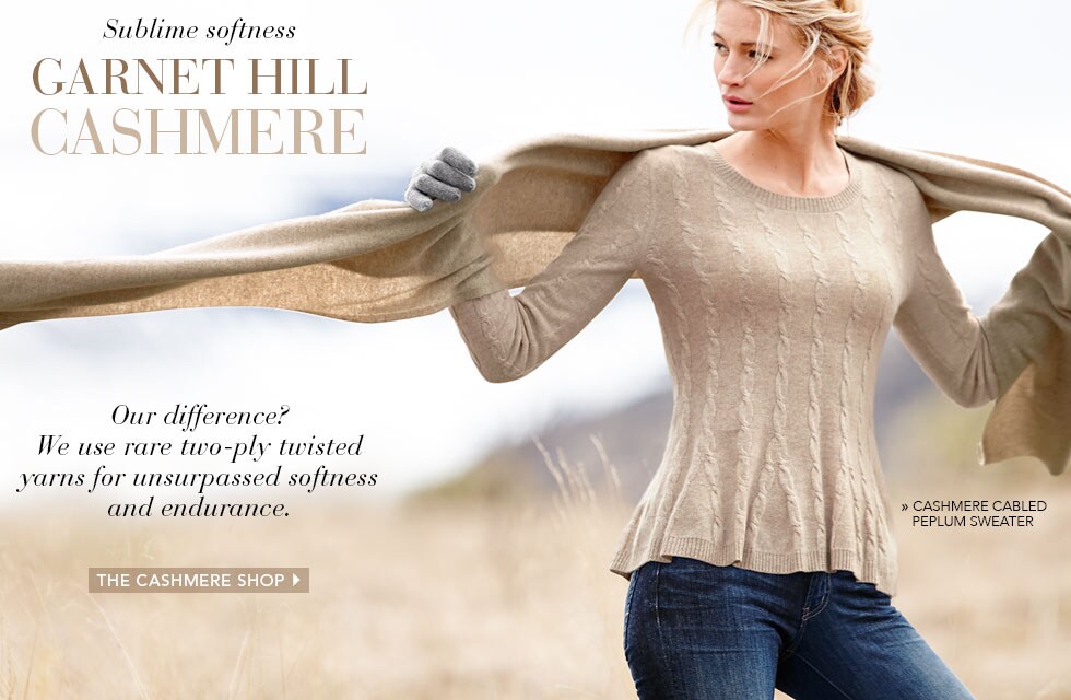 Garnet Hill Bedding and Women's Clothing Catalog. Garnet Hill Cashmere Sweaters - Sublime Softness in Sophisticated Palettes. Cashmere Cabled Peplum Sweater.