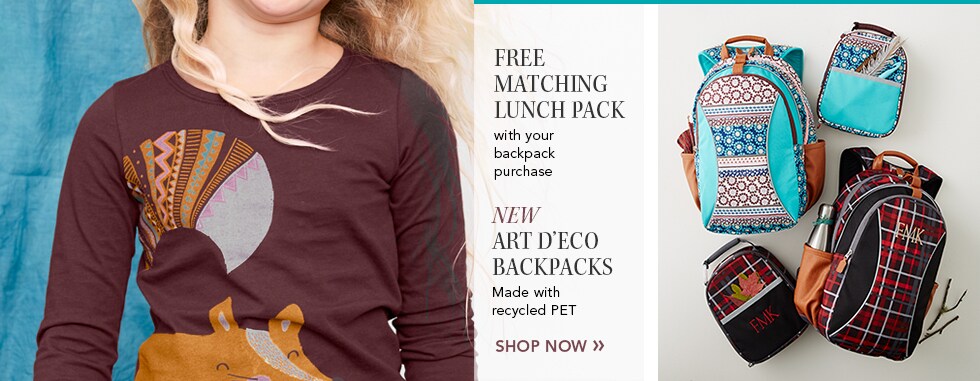 Garnet Hill Kids' Bedding and Girls' Clothing Catalog. Free Matching Lunch Pack with your Backpack Purchase. New Art Deco Backpacks. Made with Recycled PET.