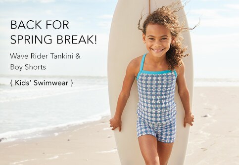Back for Spring Break. Girls' Wave Rider Tankini Swimsuit and Boy Shorts. Kids' Swimwear.
