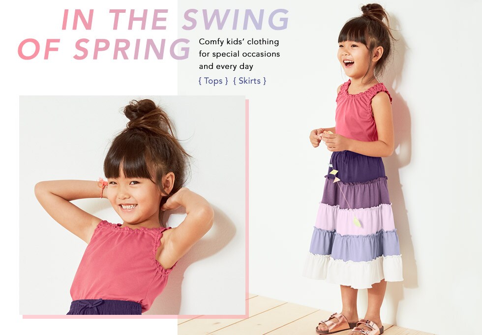 The Kids' Spring Clothing Collection. Comfy kids' clothing for special occasions and every day. Girls' Pima Cotton Ruched Knit Tank and Organic Cotton Tiered Knit Skirt.
