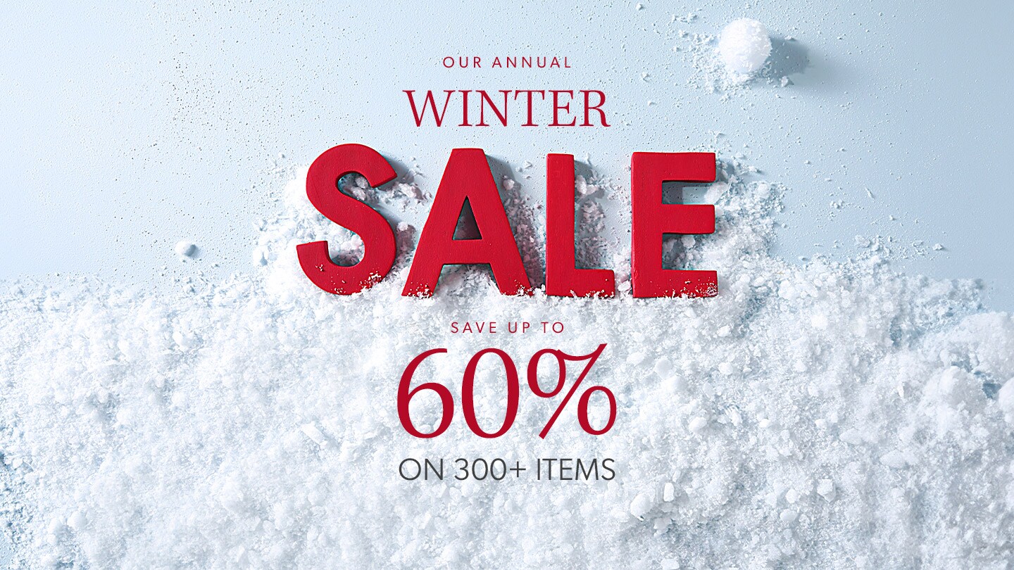 A snowy advertisement for our winter sale - save up to 60% on over 300 items. Browse the sale.