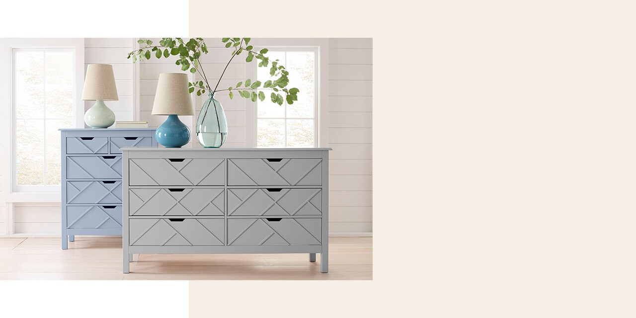 A light blue 5-drawer dresser and a light gray 6-drawer dresser. Browse our furniture collection.