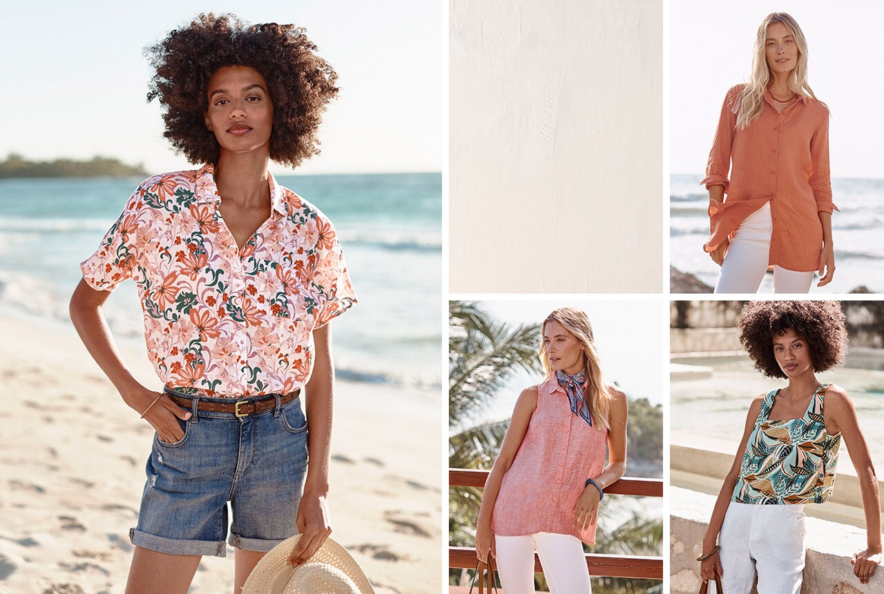 A woman in a floral short-sleeve linen button-front shirt. Shop women's tops & tees.