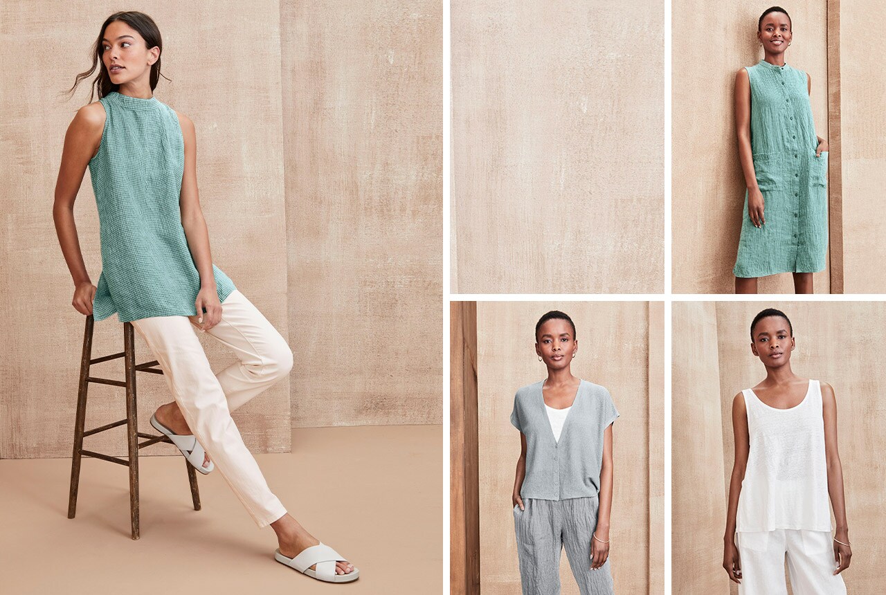 A woman in a green Puckered Organic-Linen Sleeveless Tunic. Shop Eileen Fisher clothing.