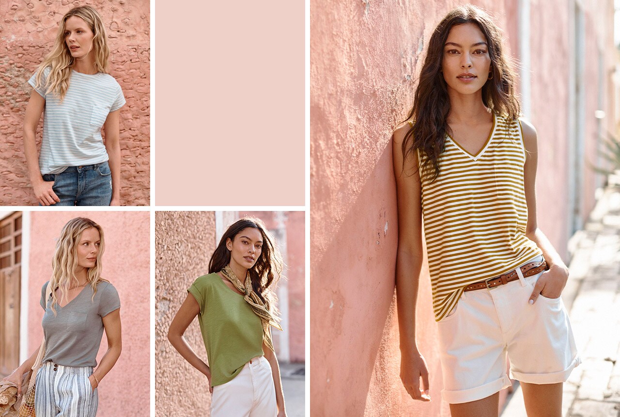 A woman in a blue and white striped weekender crewneck tee. Shop women's tops & tees.